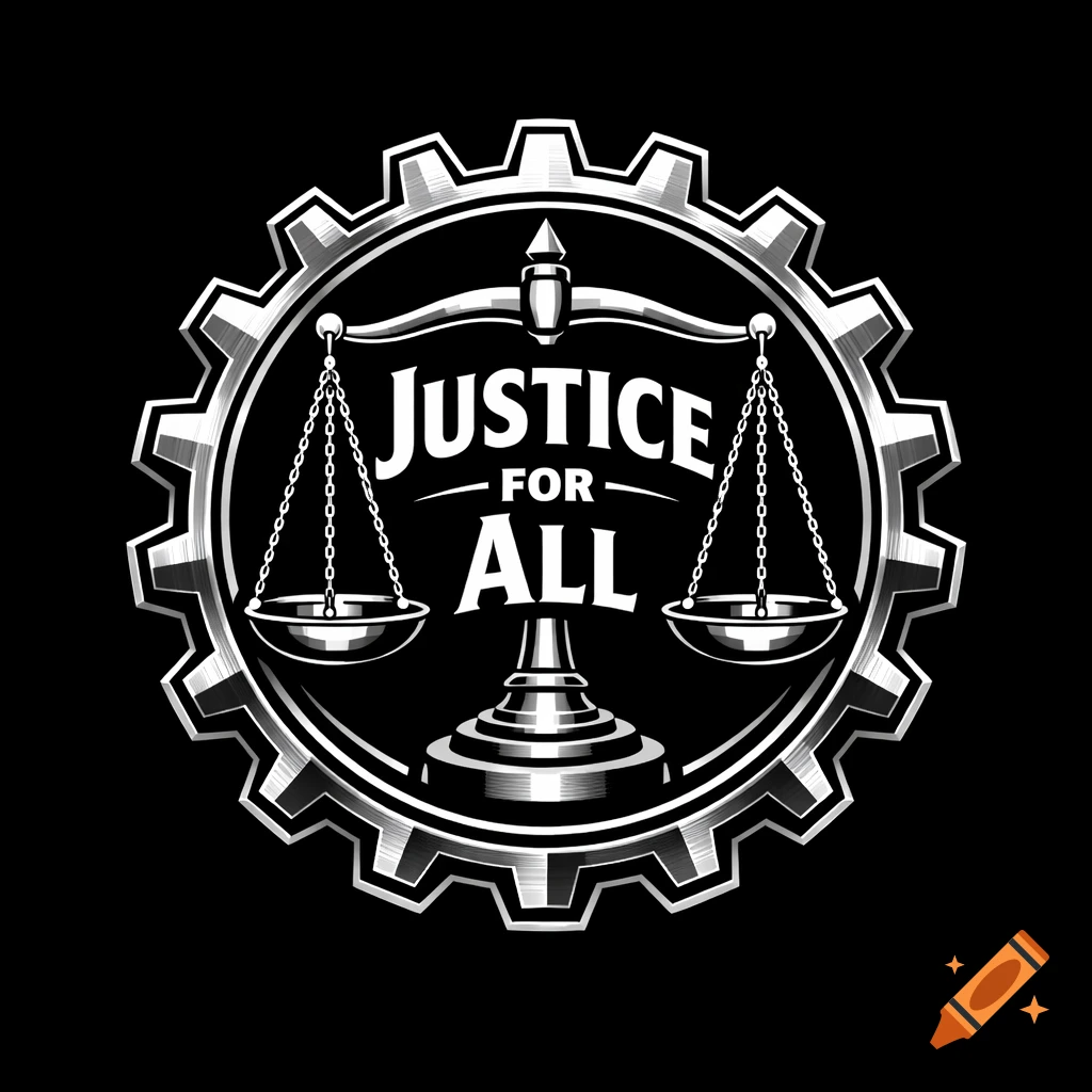 Black and white logo of a scale of justice within a cogwheel, with 'Justice for All' text.