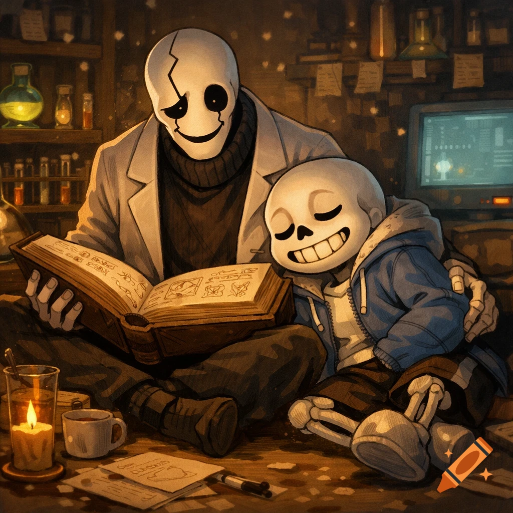 Undertale characters Sans and Gaster sit on a lab floor. Gaster holds an open book, teaching Sans who leans against him comfortably. Warm lighting and lab equipment fill the background in a cozy, domestic atmosphere.