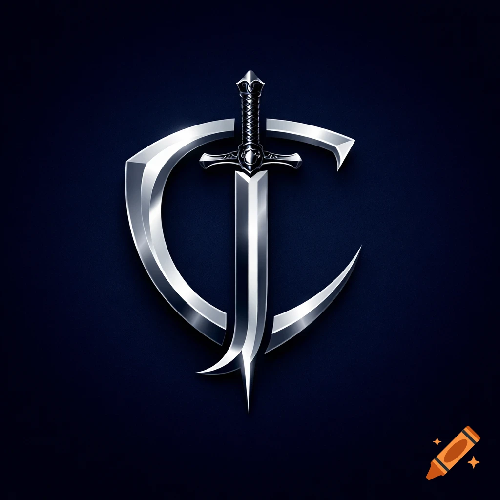A sleek metallic silver logo featuring a sword piercing through a stylized shield shaped like a capital 'C' on a dark blue background.