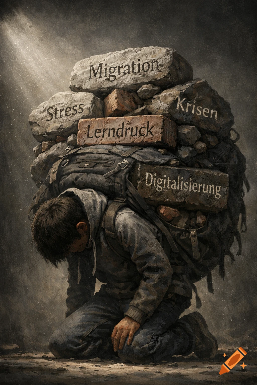 A person kneels, hunched over, carrying a heavy backpack filled with rocks inscribed with 'Migration,' 'Stress,' 'Lerndruck,' 'Krisen,' and 'Digitalisierung.'