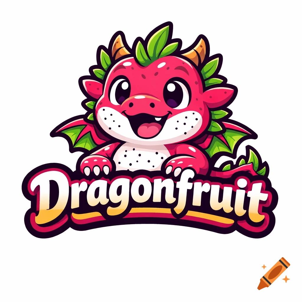 A cute, smiling pink dragonfruit dragon mascot with green leaves and horns, above the word 'Dragonfruit' in a playful font.
