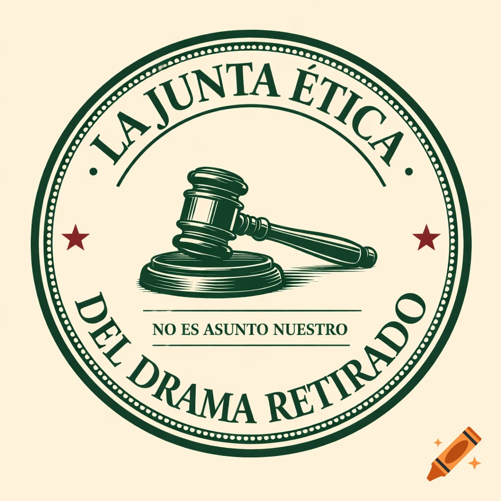 A round, official-style logo featuring a dark green gavel, two red stars, and the text 'LA JUNTA ÉTICA DEL DRAMA RETIRADO NO ES ASUNTO NUESTRO'.