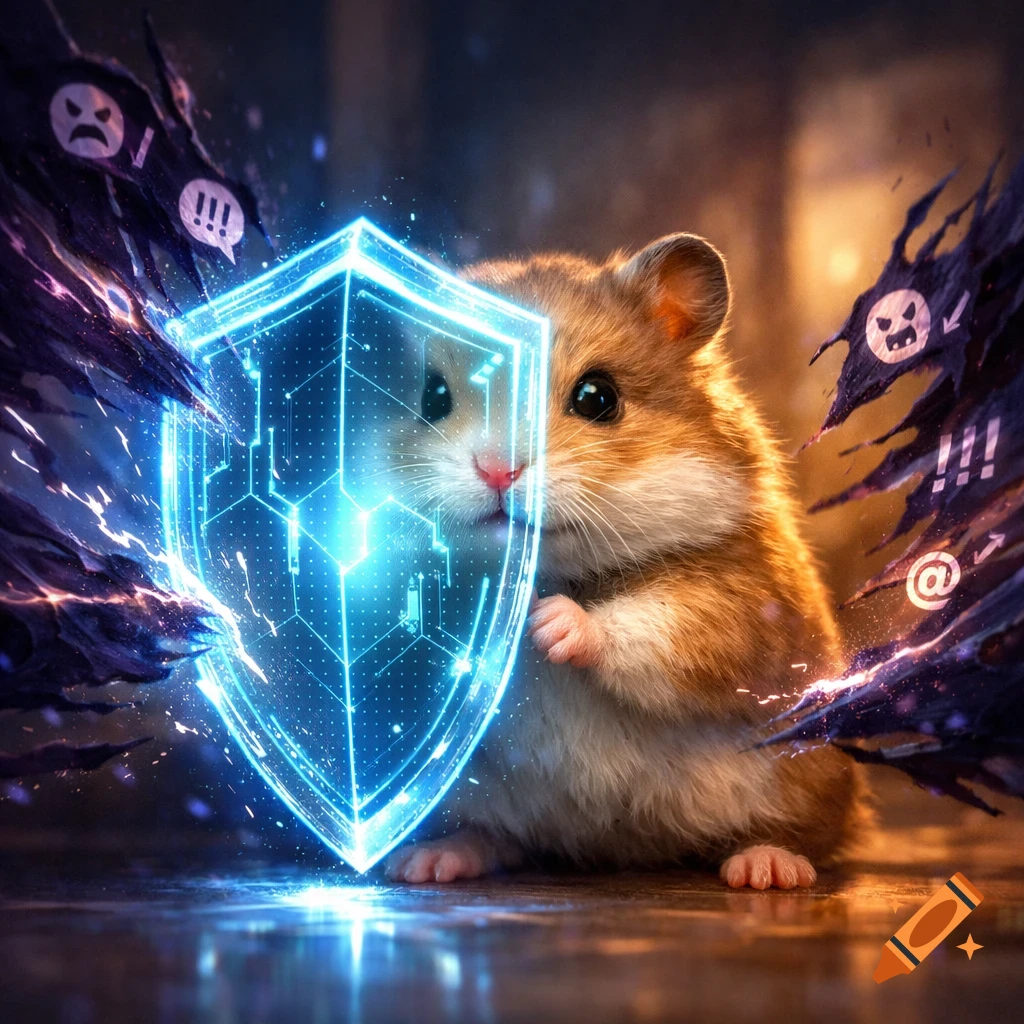 A cute hamster holds a glowing blue digital shield, protecting against dark, spiky cyber threats with angry face and exclamation symbols.