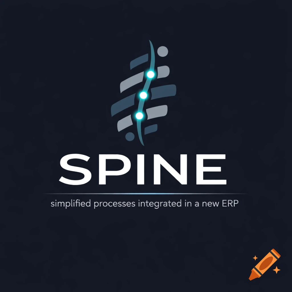 Logo for 'SPINE' ERP project: stylized spine icon with glowing dots, 'SPINE' text, and 'simplified processes integrated in a new ERP'.