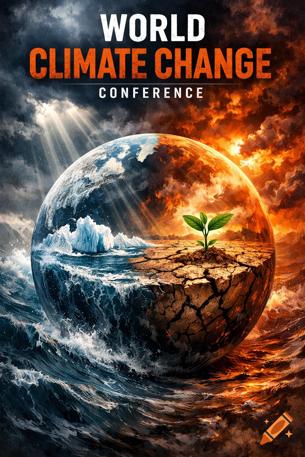 Dramatic poster for a World Climate Change Conference, showing Earth split between a melting, stormy ocean side and a dry, cracked land with a single sprout under fiery skies.