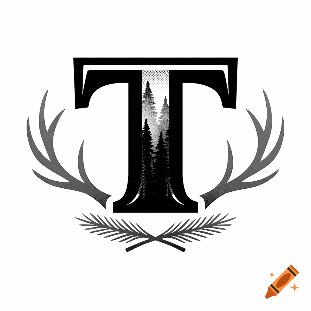 Black and white logo featuring a capital letter T with a forest silhouette inside, flanked by deer antlers and crossed pine branches.