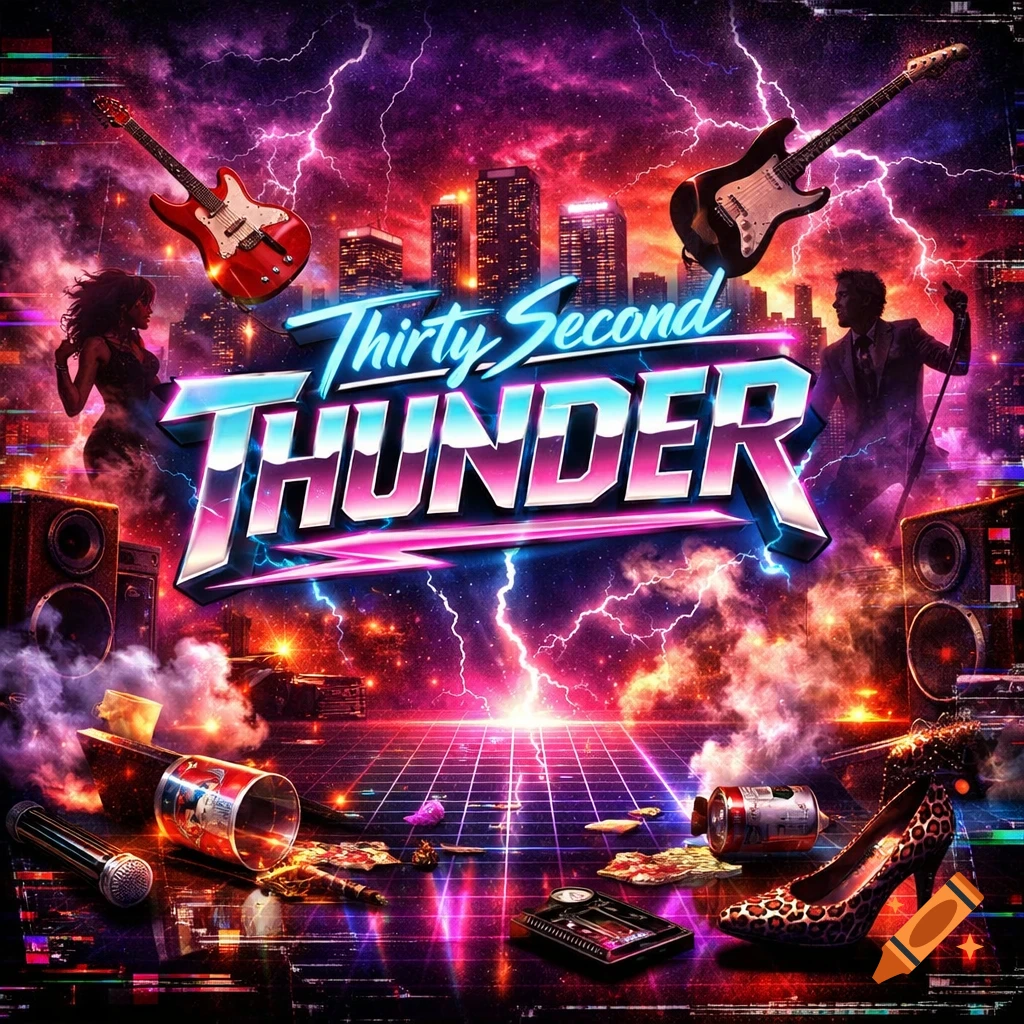 Neon retro 80s synthwave album cover for 'Thirty Second Thunder' featuring guitars, a city skyline, lightning, and concert items.