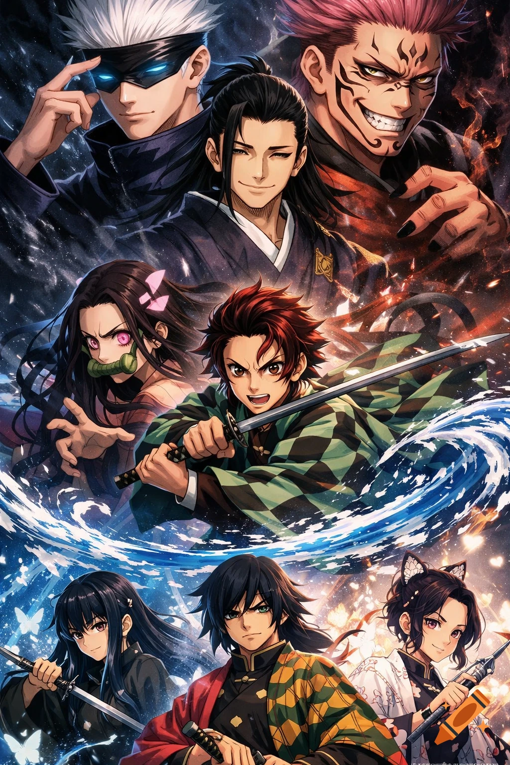 A vibrant anime poster featuring characters from Jujutsu Kaisen and Demon Slayer. Gojo, Geto, and Sukuna are in the top half, with Tanjiro, Nezuko, Giyu, and others below, all in dynamic action poses amidst water, butterflies, and fiery effects.