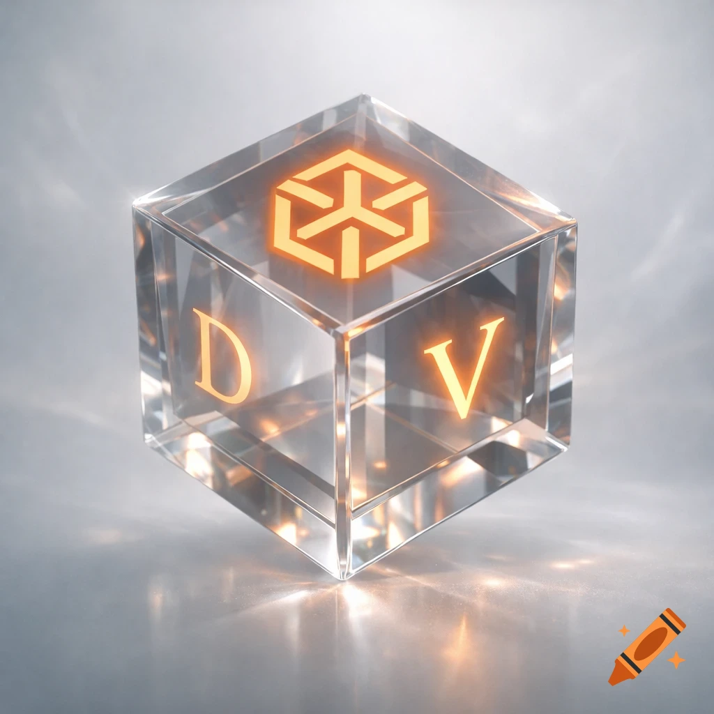 A glowing orange Antahkarana symbol and gold letters 'D' and 'V' appear on a transparent crystal cube with soft reflections.