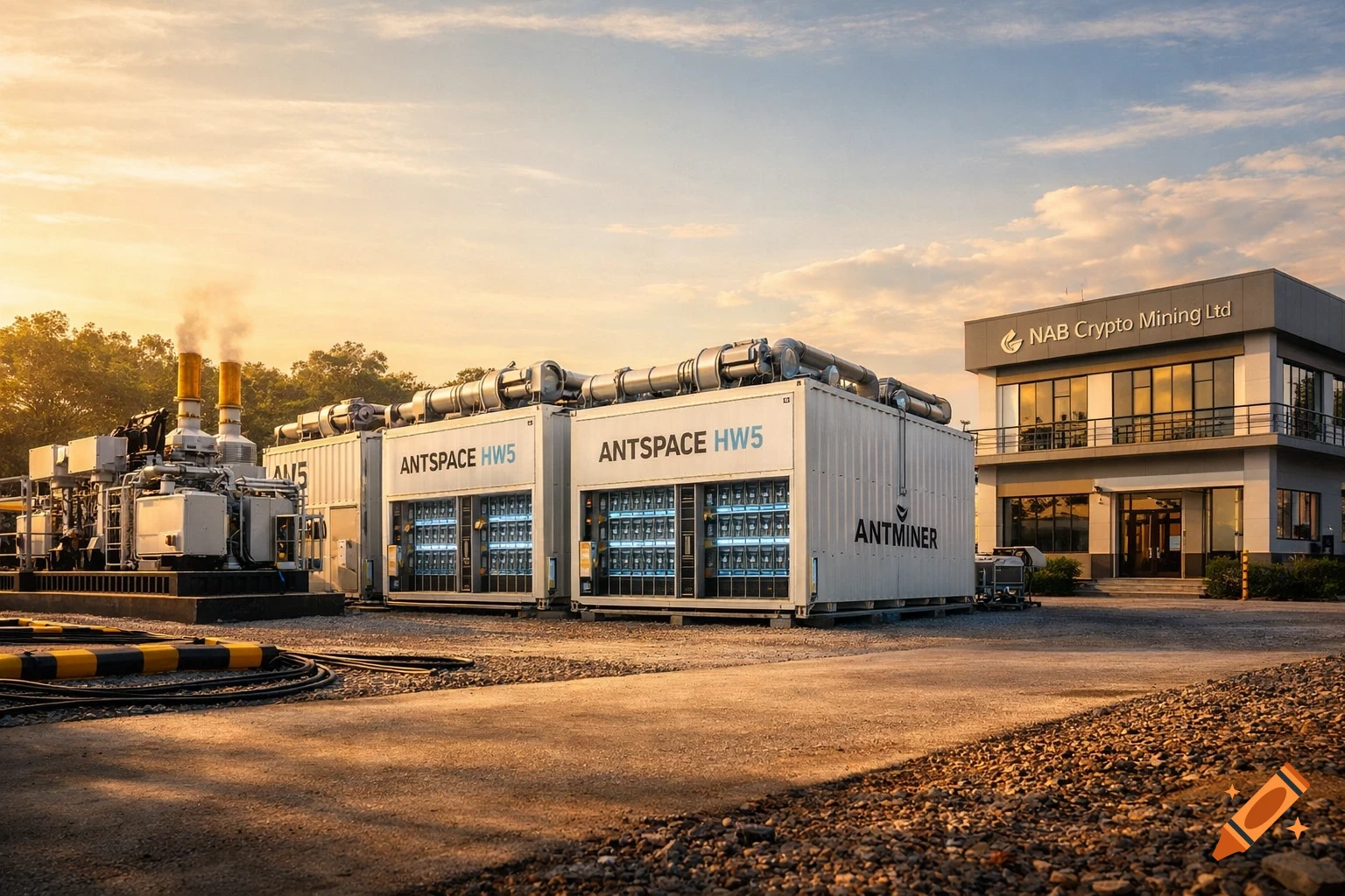Photorealistic image of an outdoor crypto mining facility featuring containers with 'ANTSPACE HW5' and 'ANTMINER' text, and a 'NAB Crypto Mining Ltd' office building at sunset.