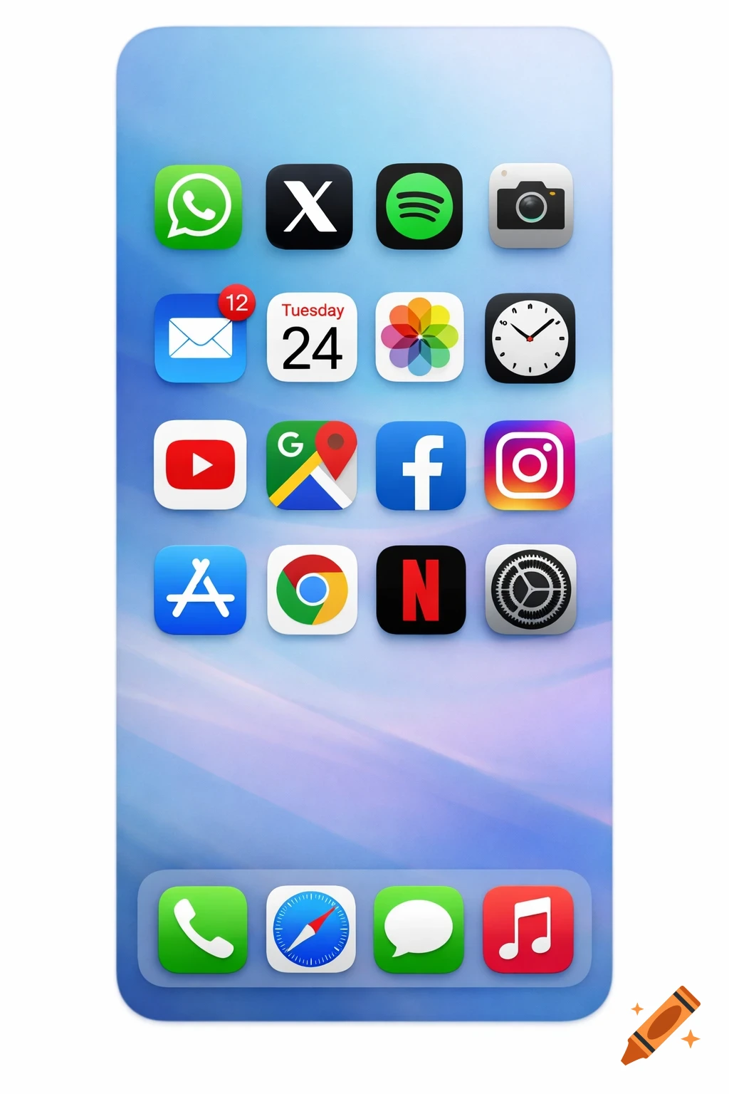 A smartphone home screen displaying a grid of application icons including WhatsApp, X, Spotify, Mail, and more.