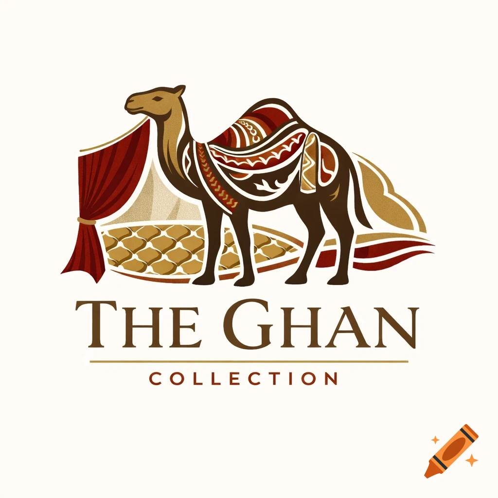 A stylized logo featuring a brown camel with intricate red and gold patterns, standing in front of a tent with red curtains. Below the camel, the text reads 'THE GHAN COLLECTION'.