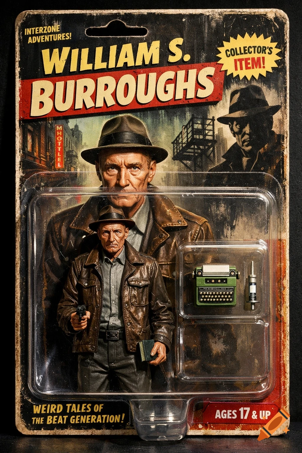 A vintage-style action figure of William S. Burroughs in a blister pack, with a gun, typewriter, and syringe as accessories.