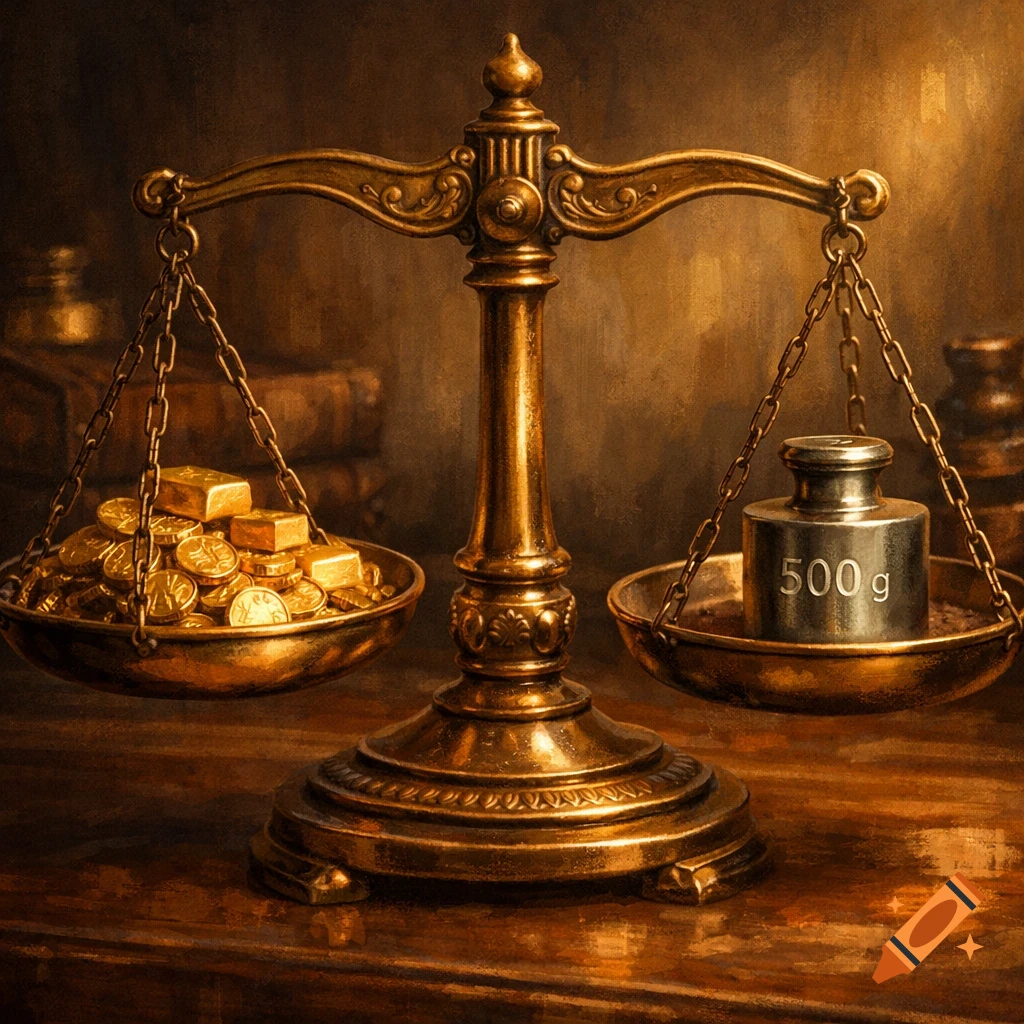 An antique brass balance scale with gold coins and bars on the left pan and a 500g weight on the right, in a painterly, nostalgic style.
