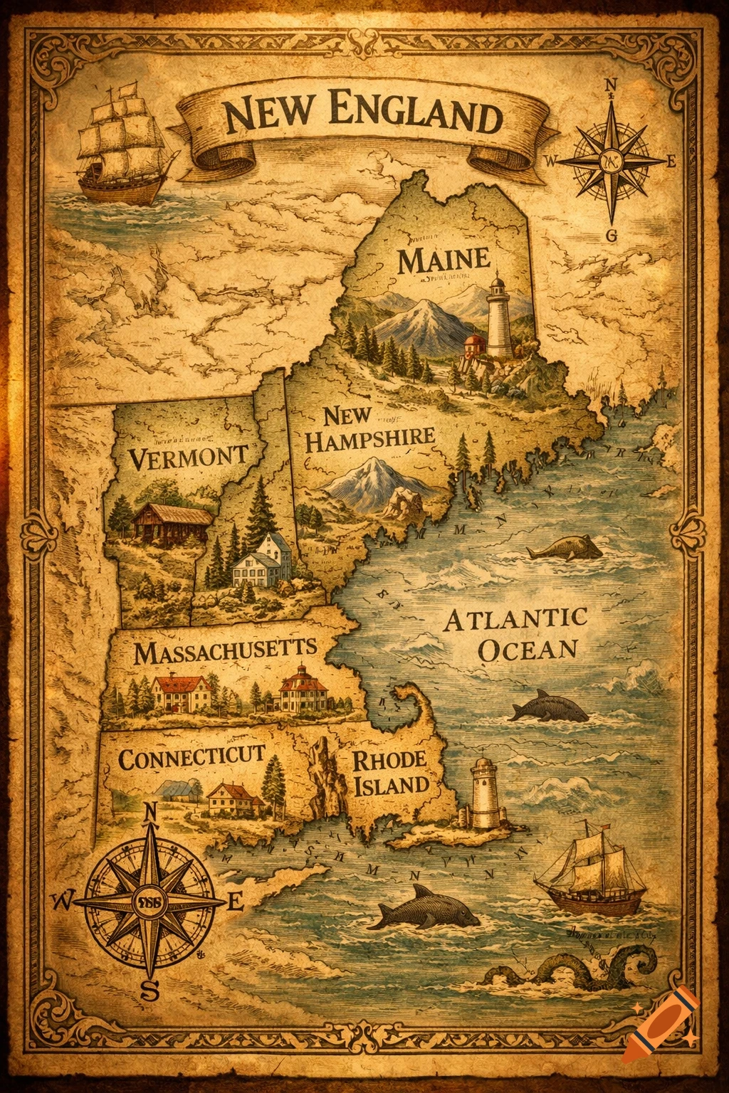 Vintage map of New England, depicting the states of Maine, New Hampshire, Vermont, Massachusetts, Connecticut, and Rhode Island.