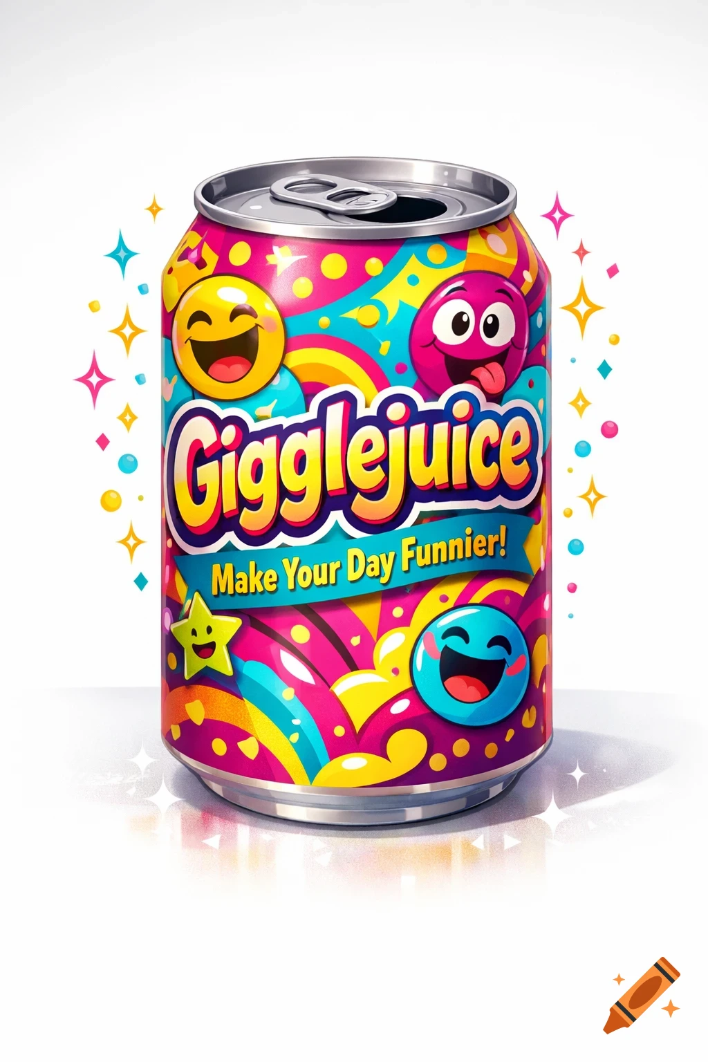 A colorful cartoon soda can labeled "Gigglejuice" with smiling emoji faces and the slogan "Make Your Day Funnier!" surrounded by sparkling stars.