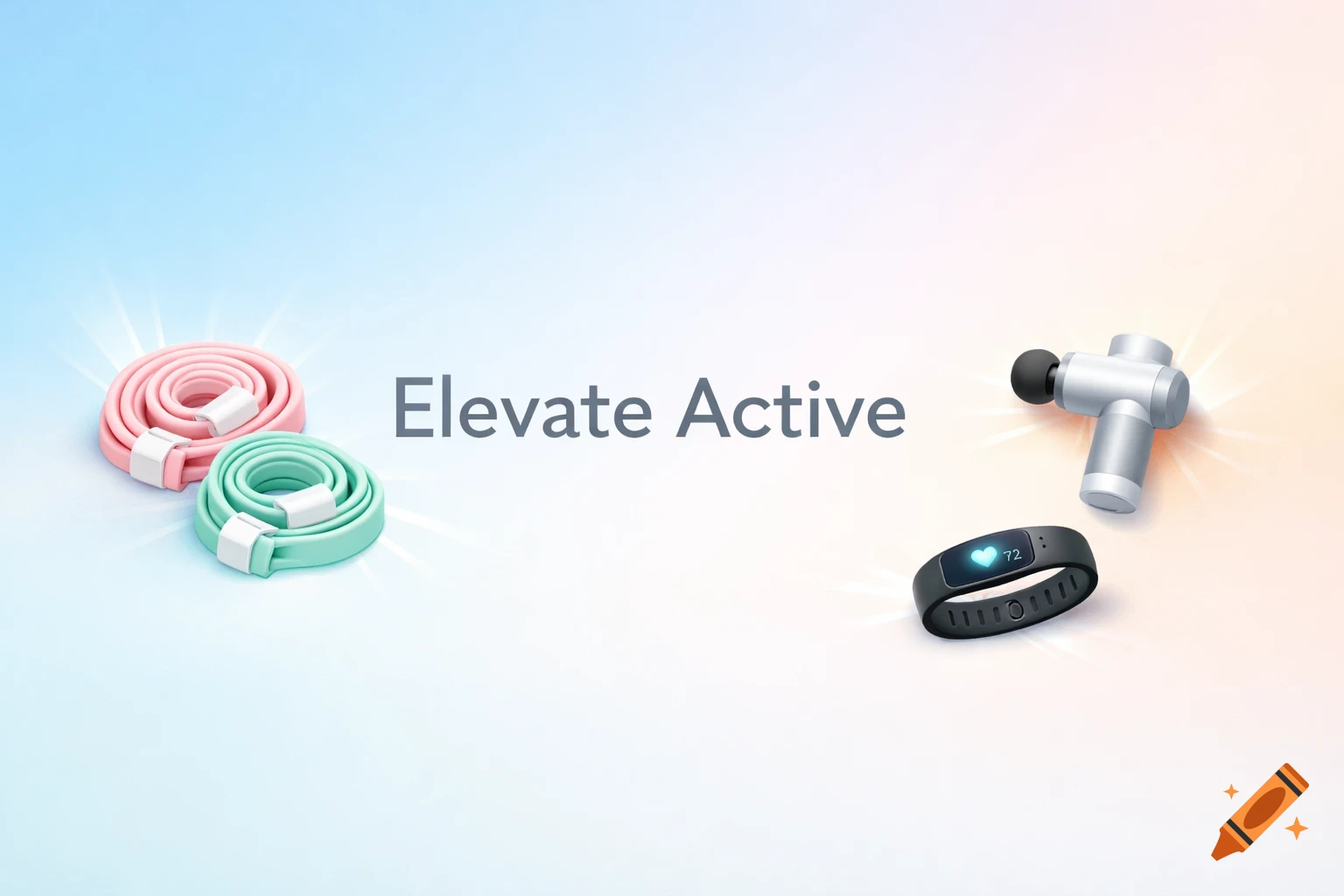 Fitness banner with 'Elevate Active' text, pink and mint resistance bands, a massage gun, and a smart health tracker on a gradient background.