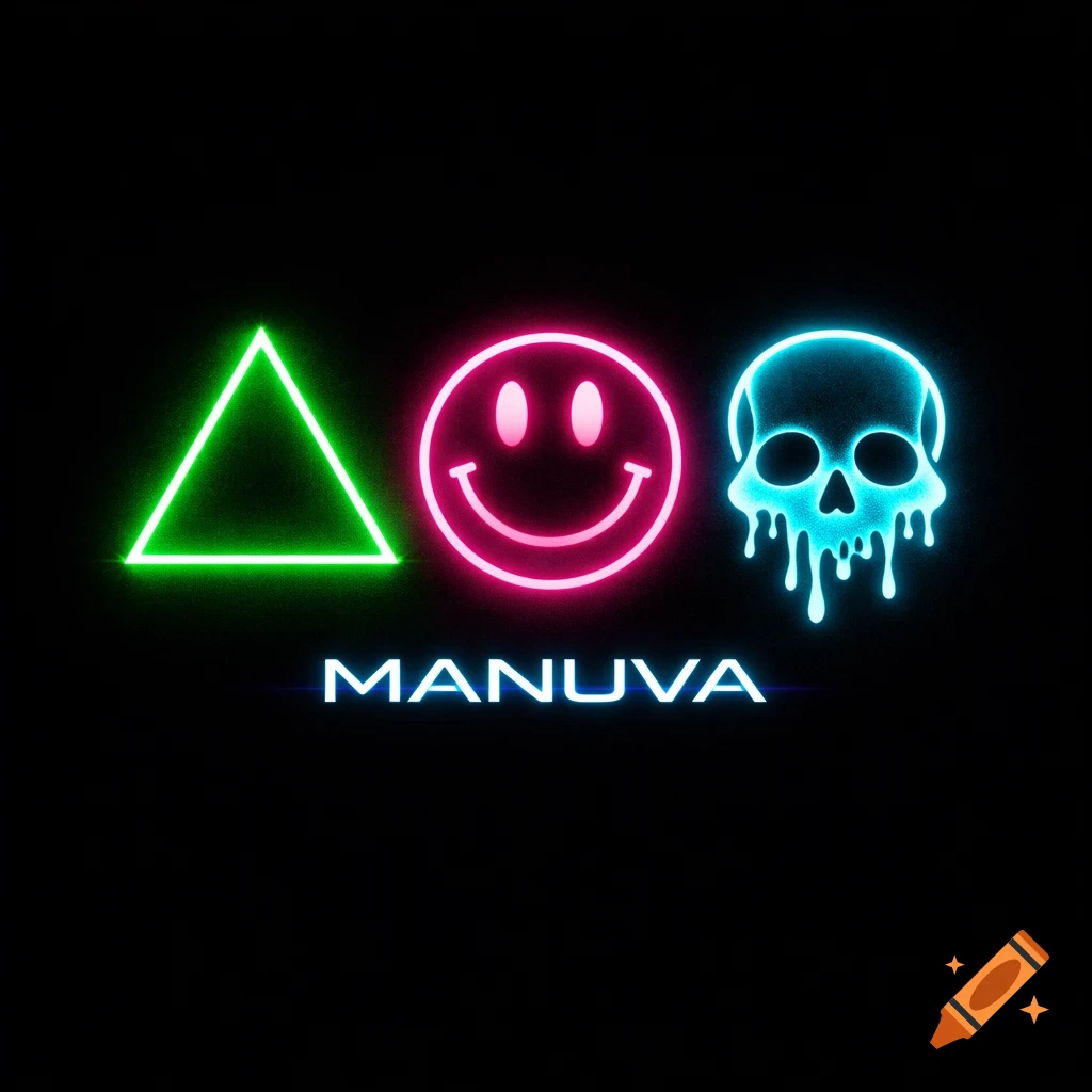 Neon green triangle, pink smiley face, and melting cyan skull above the word 'MANUVA' on a black background.