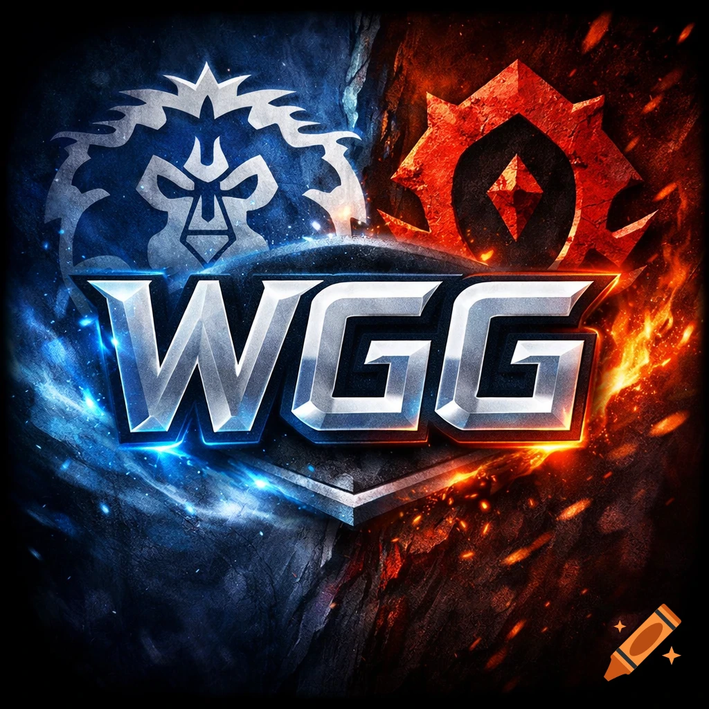 A metallic 'WGG' logo against a background split into blue (Alliance symbol) and red (Horde symbol) with fiery and icy effects.