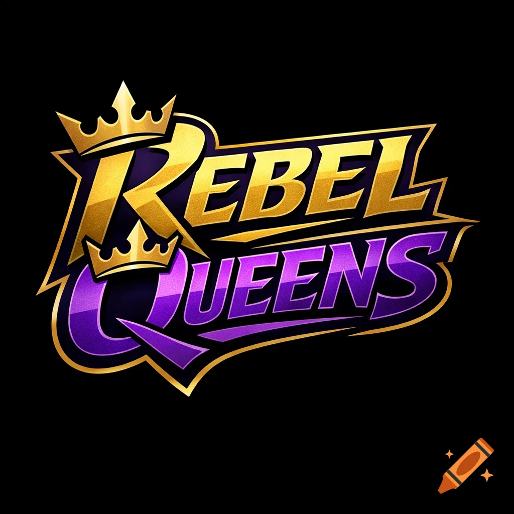 A stylized logo featuring the words 'REBEL QUEENS' in gold and purple text, accented with gold crowns.