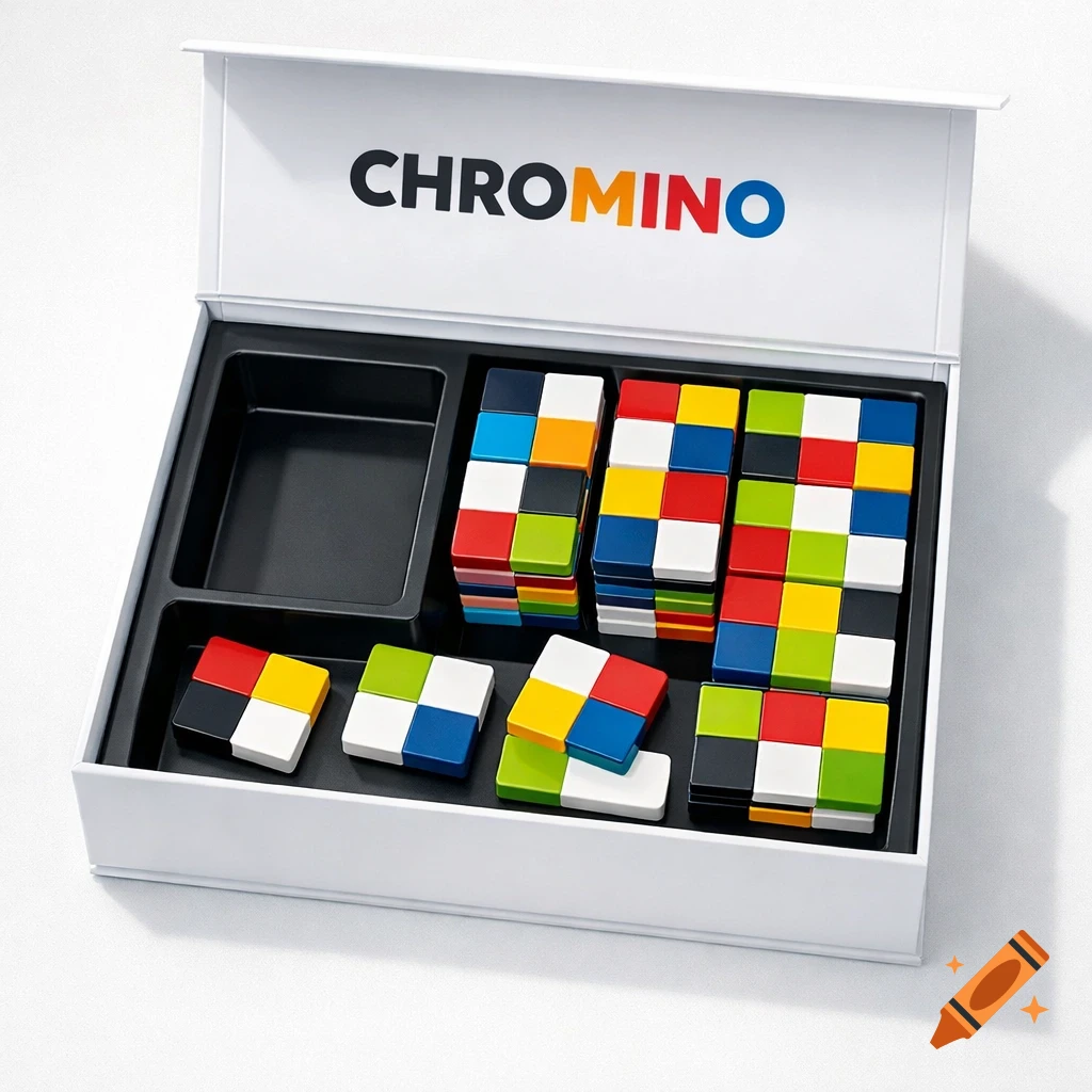 Overhead view of an open white box for the 'CHROMINO' board game, showing colorful square pieces arranged in a black tray.