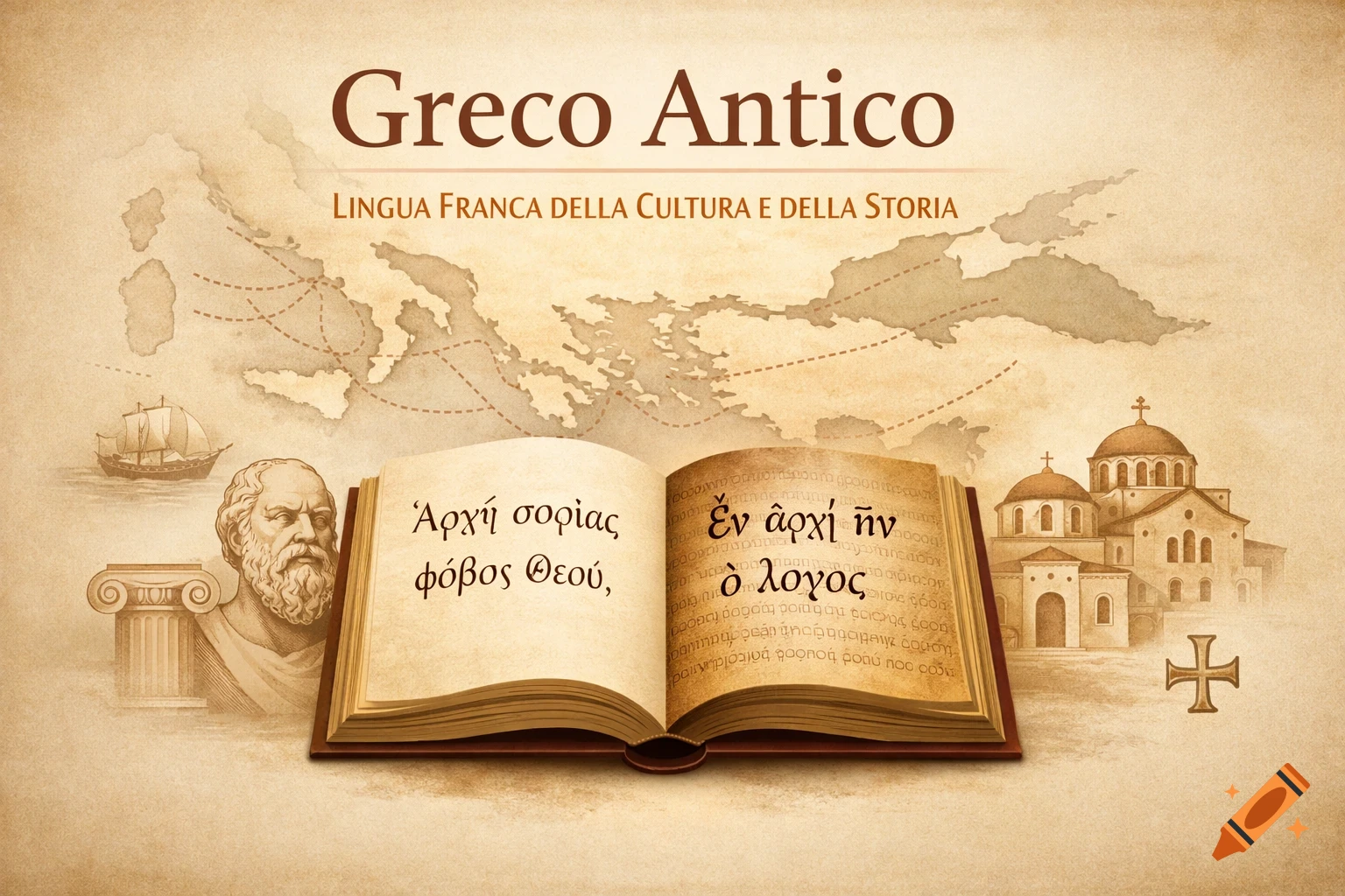 An ancient-looking illustration with a map of the Mediterranean, an open book with Greek text, a bust of a philosopher, and historical buildings.
