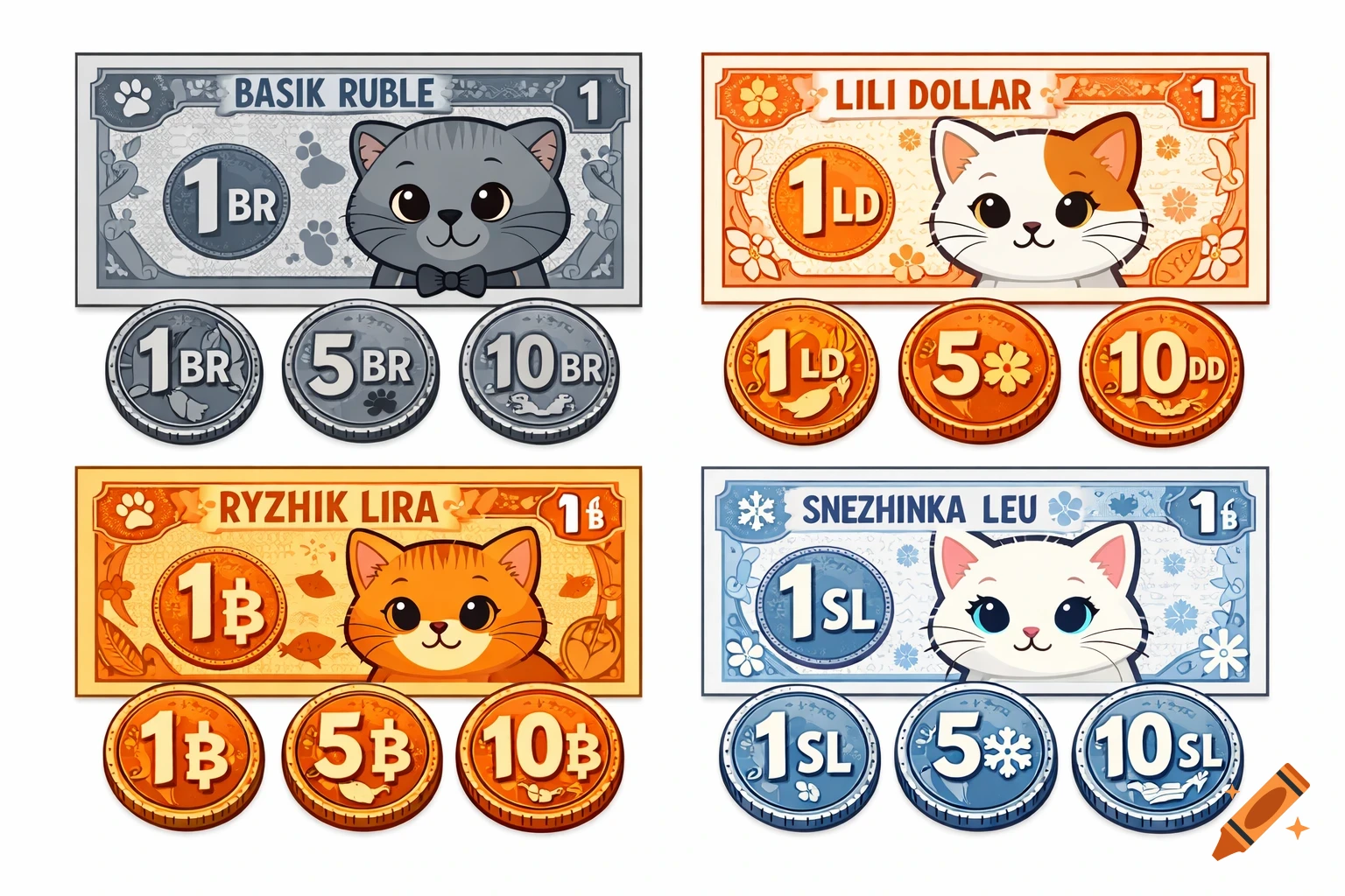 Four sets of cartoon cat-themed play money, each featuring a different colored cat on a banknote and three coins in various denominations.