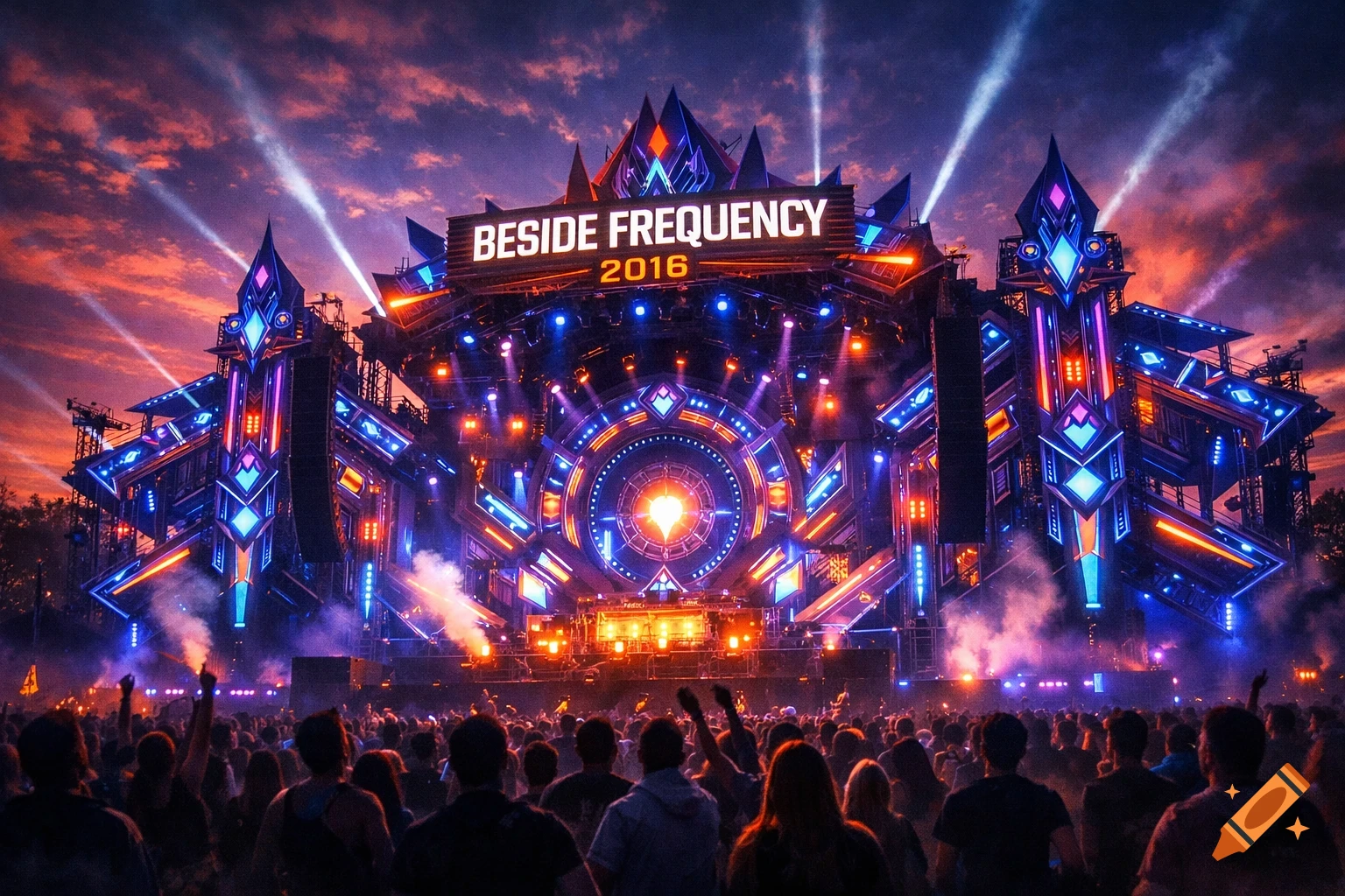 A massive, futuristic music festival stage glows with blue, purple, and orange lights against a dramatic sunset sky, as a large crowd watches.