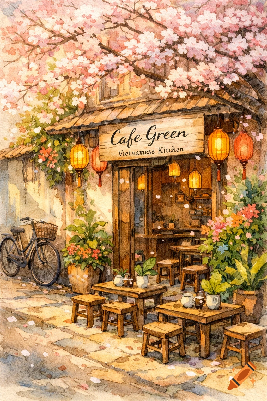 Watercolor painting of Cafe Green, a cozy Vietnamese kitchen with lanterns, wooden stools, a bicycle, and cherry blossoms.