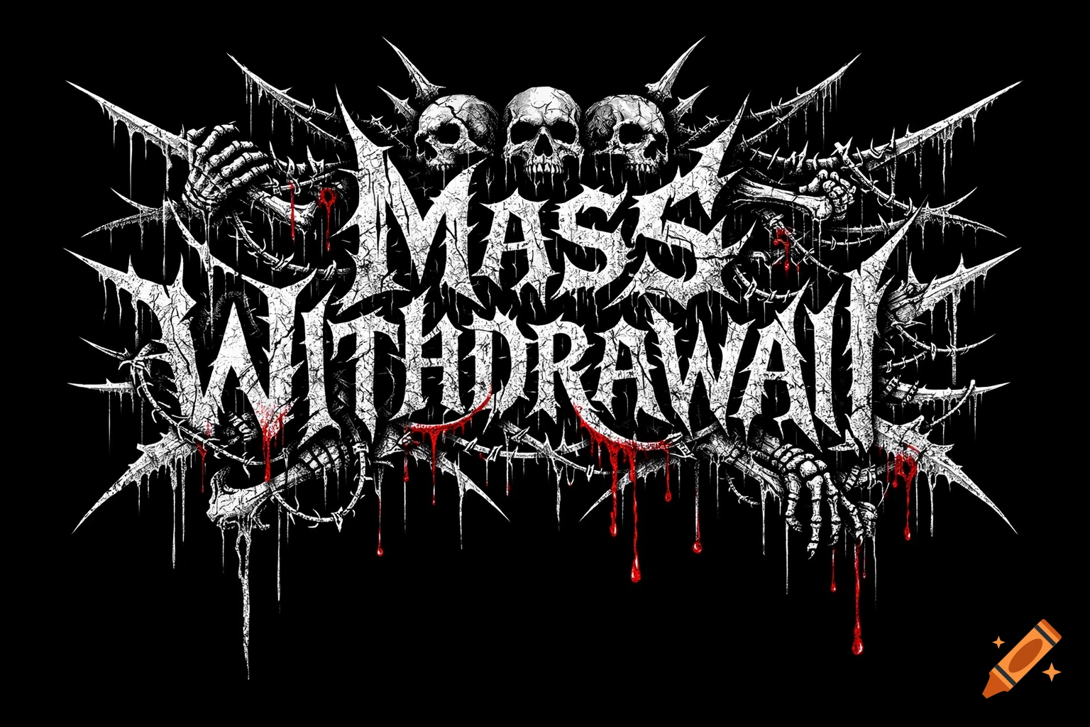 A black and white death metal logo featuring three skulls, skeletal hands, and barbed wire, with the words 'MASS WITHDRAWAL' in a spiky, dripping font accented with red blood.