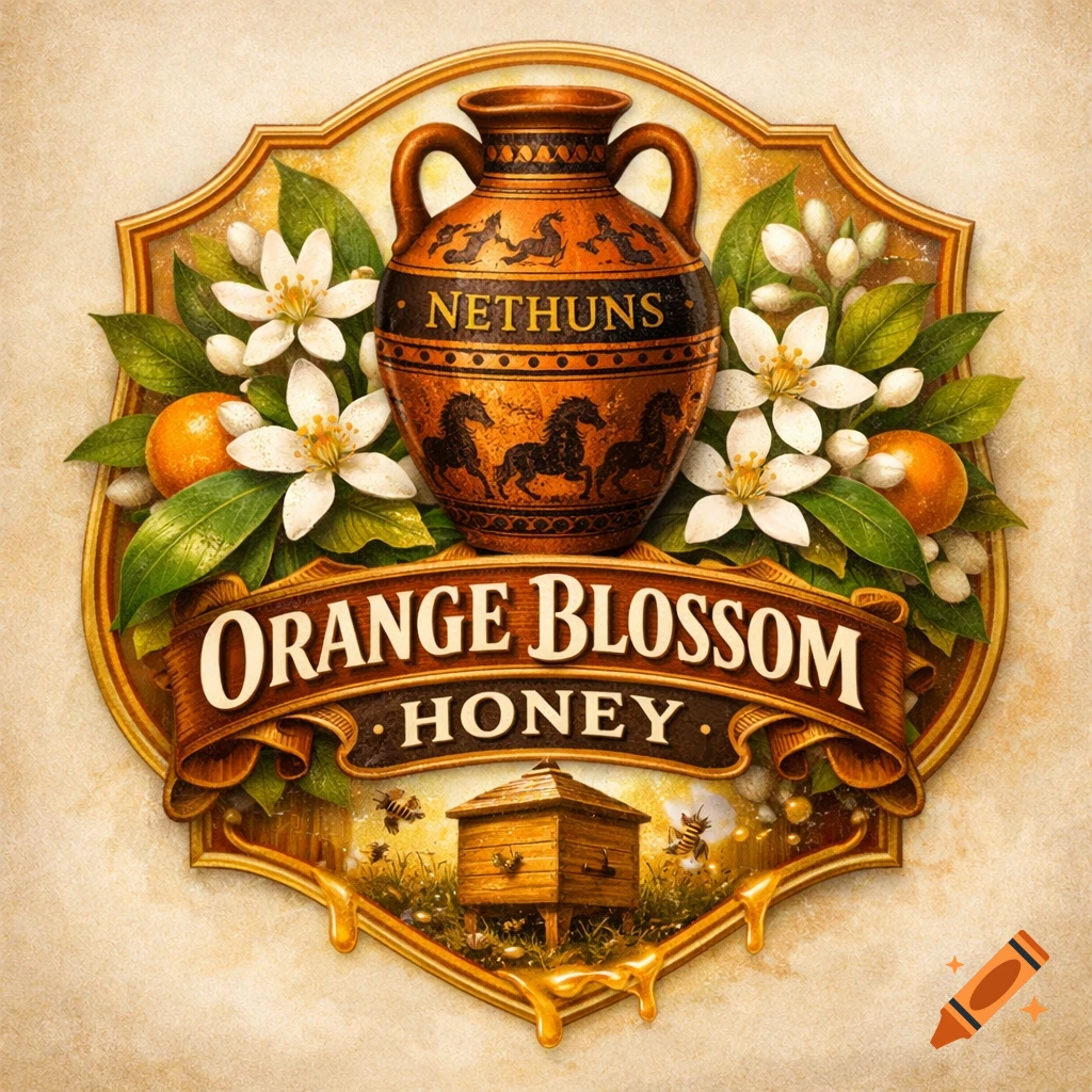 A stylized label for Nethuns Orange Blossom Honey, featuring an ancient Greek vase, white orange blossoms, oranges, a beehive, and bees.