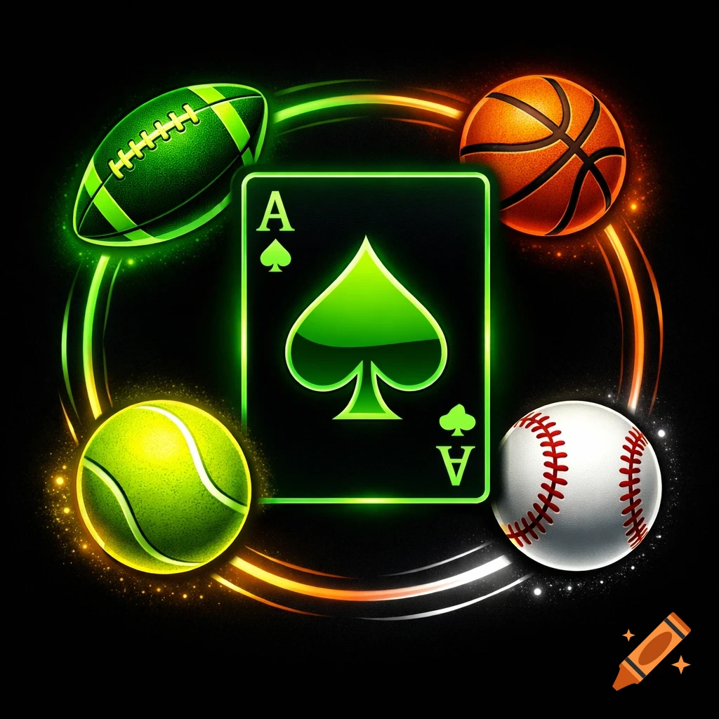 Neon green ace of spades playing card surrounded by orbiting neon football, basketball, tennis ball, and baseball on a black background, logo style.
