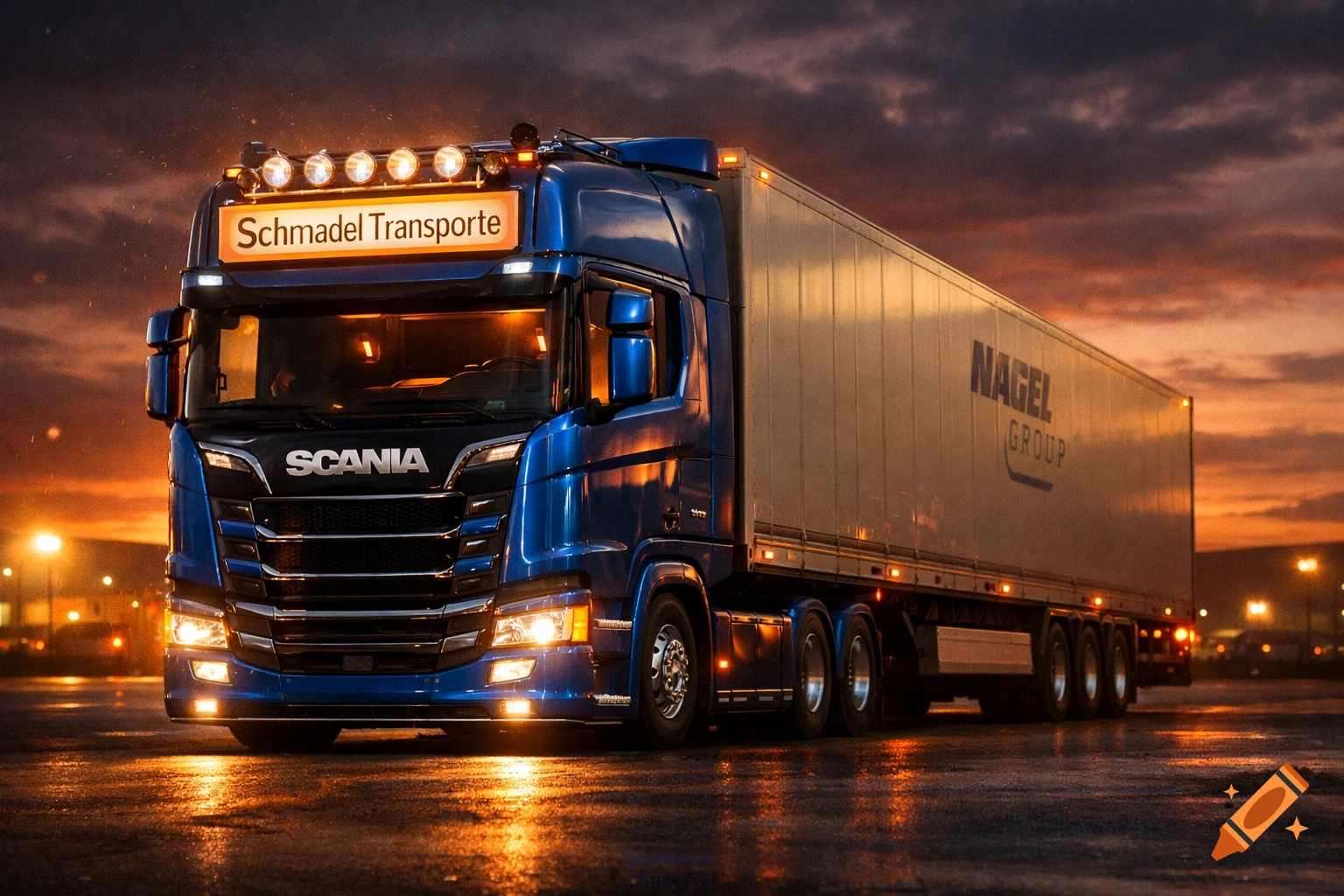 A blue Scania semi-truck with a beige trailer parked at dusk, its lights glowing and reflecting on wet pavement.