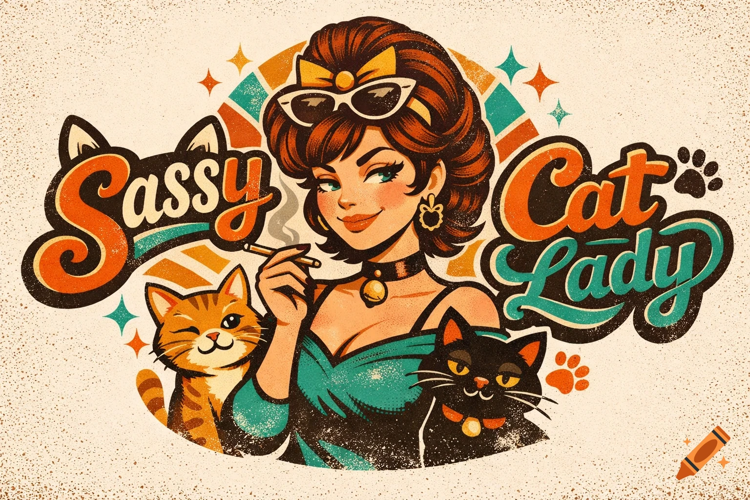 Retro illustration of a sassy woman with red hair and sunglasses, smoking, flanked by two cats, with 'Sassy Cat Lady' text.