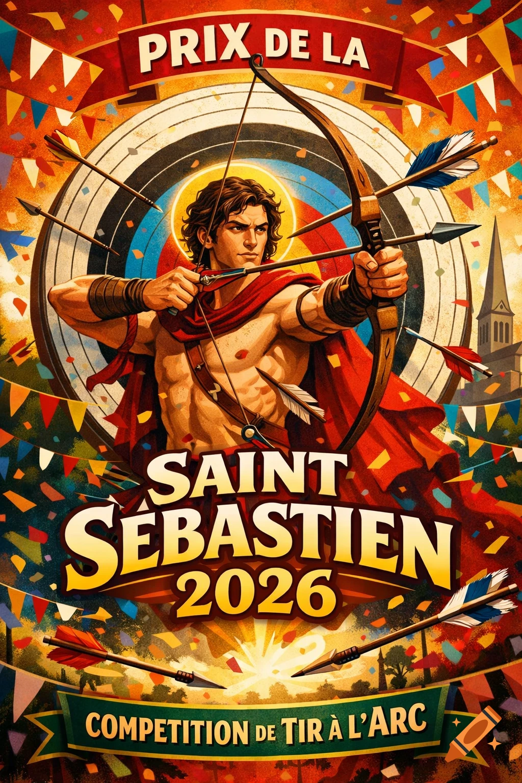 Dynamic poster of Saint Sebastian with a bow and arrow, aiming at an archery target, surrounded by confetti and banners.