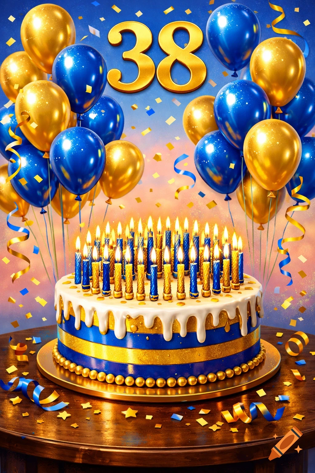 A festive birthday cake with many lit candles, golden and blue balloons, and a large golden number 38, surrounded by confetti.