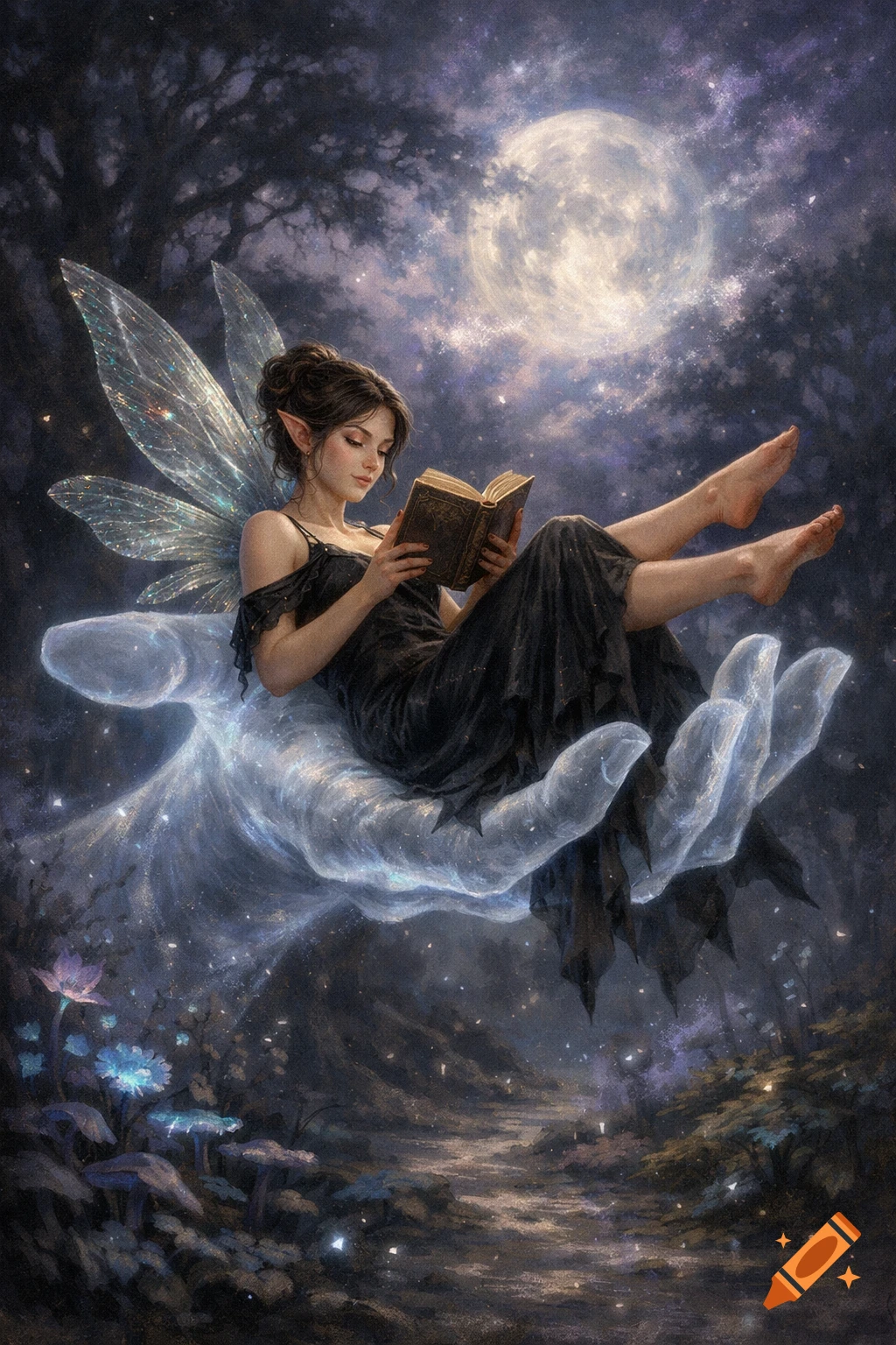 A pixie in a black gown reads a book while lying on a glowing spectral hand floating under a full moon in a magical forest.