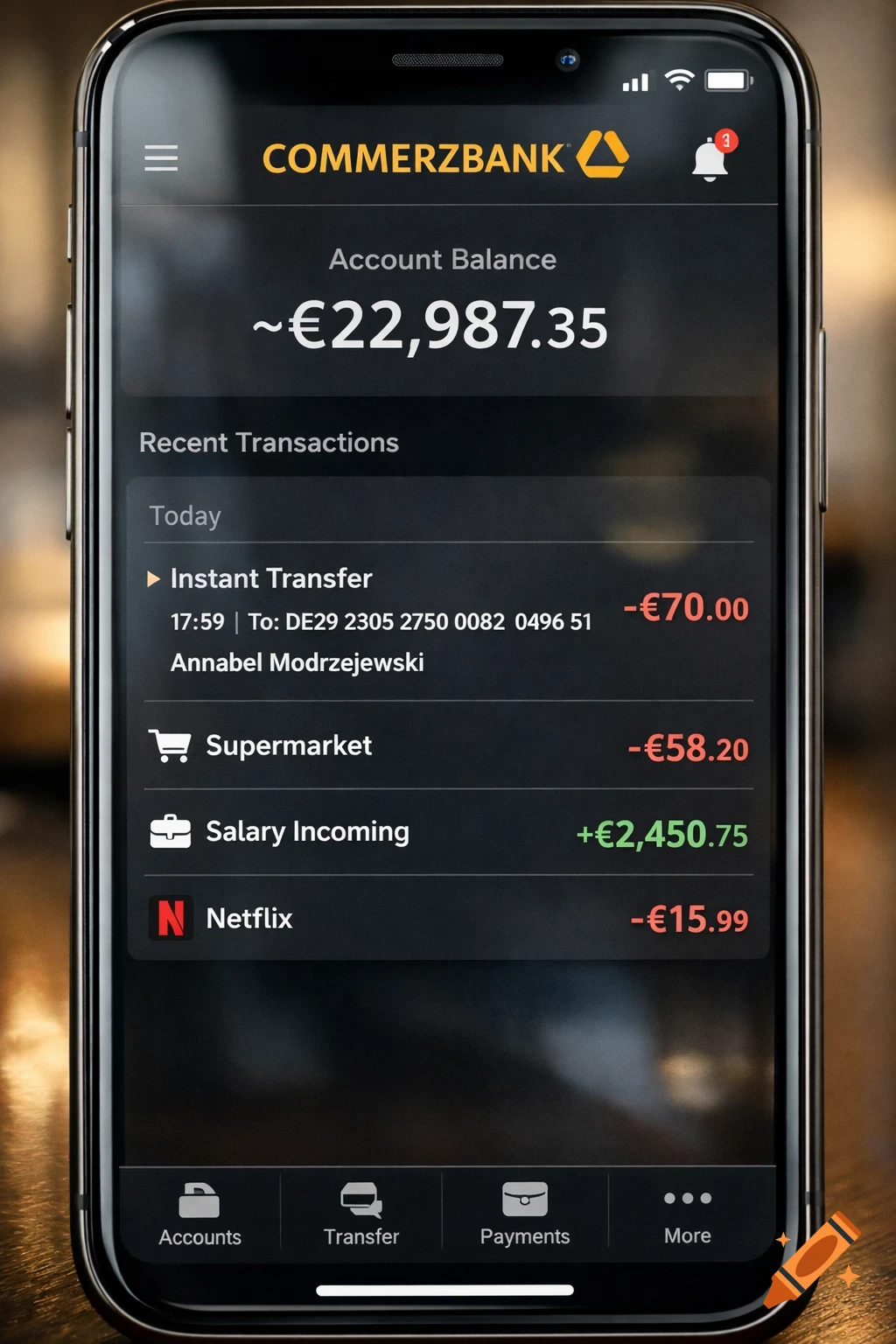 A realistic smartphone screen displaying a Commerzbank online banking app with an account balance of ~€22,987.35 and recent transactions, including an instant transfer.