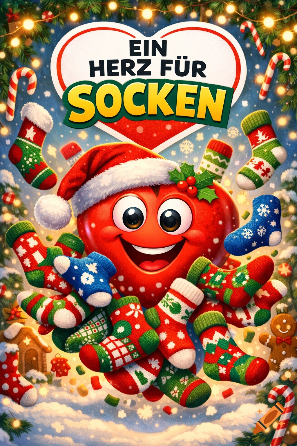 Cheerful red heart cartoon in Santa hat amidst Christmas stockings, candy canes, and snow, with text 'EIN HERZ F R SOCKEN'.