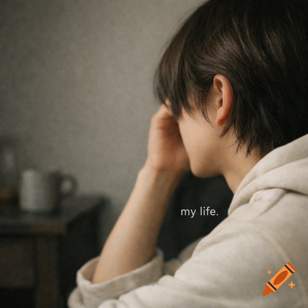 Photorealistic image of a person with dark hair, seen from behind, covering their face with a hand, wearing a light hoodie. Text 'my life.' is visible.