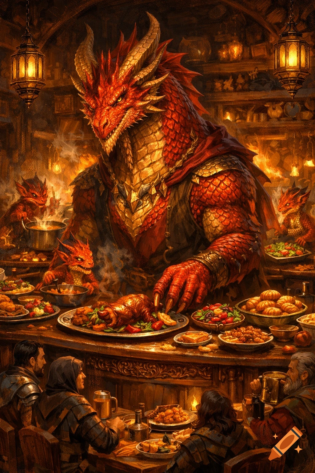 A majestic red dragon and its smaller kin dine with humans at a lavish table in a dimly lit, fantasy tavern, in a rich, painterly style.