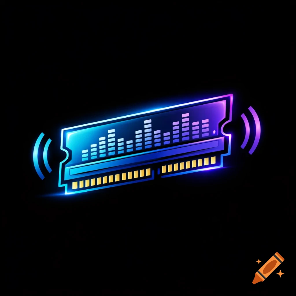 Neon blue and purple glowing RAM stick logo with an equalizer display and sound waves on a black background.