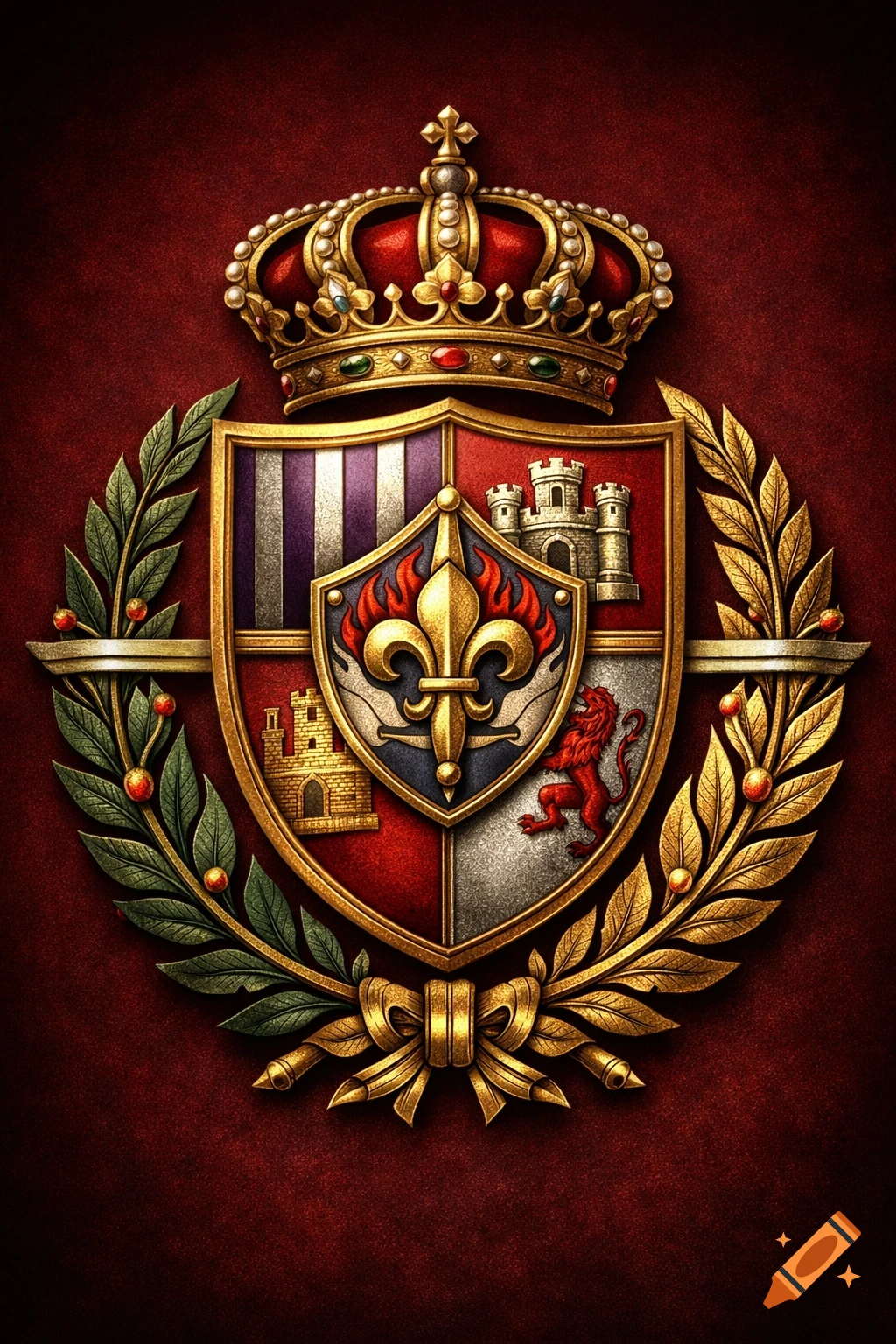 Ornate golden crown atop a shield featuring a fleur-de-lis, castles, and a red lion, flanked by laurel wreaths on a rich red textured background.