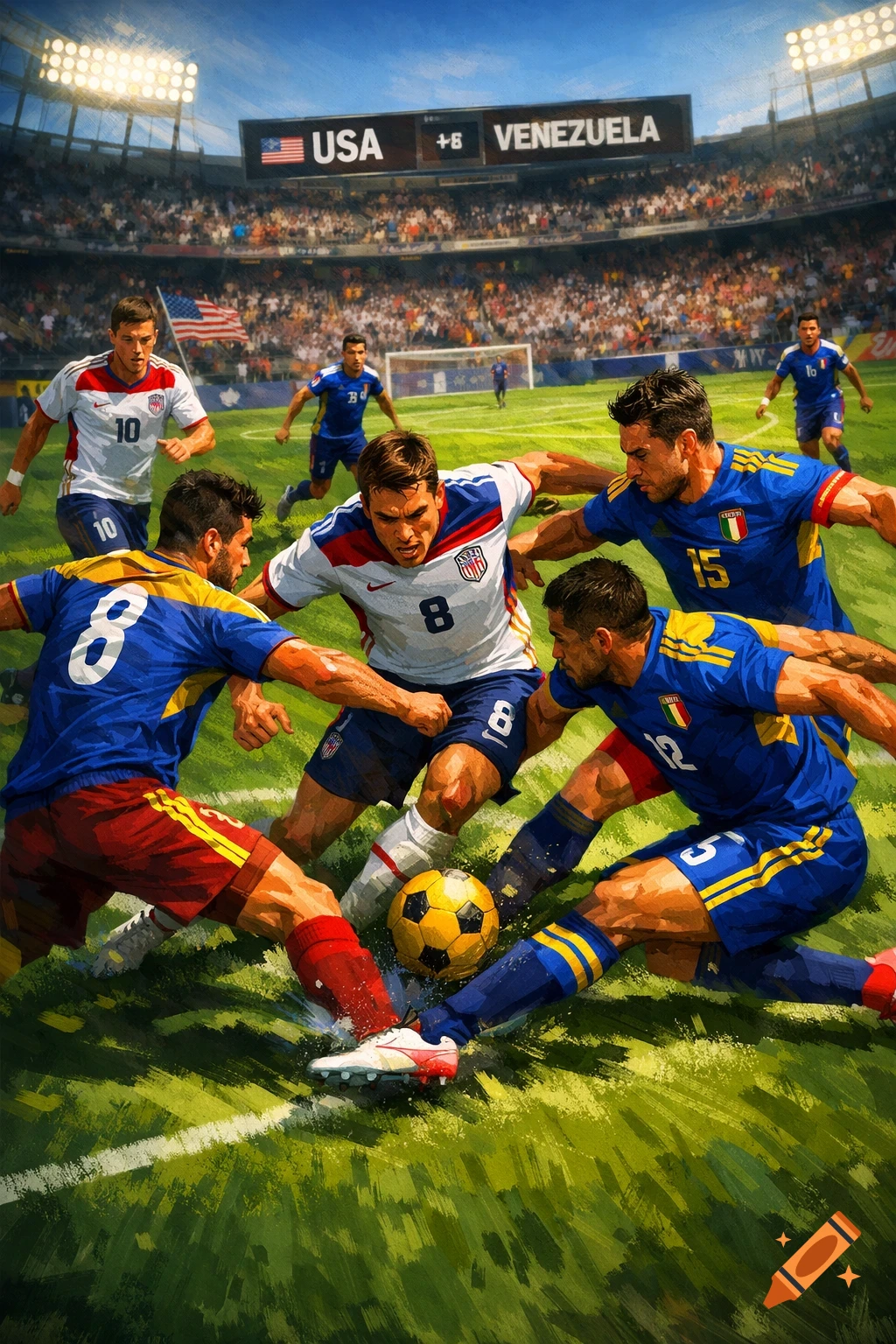 A vibrant digital painting of a soccer match between USA and Venezuela, with players in white and blue jerseys vying for the ball in a crowded stadium.