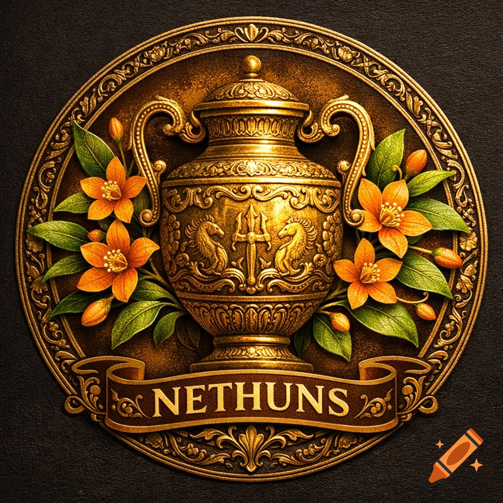 Golden ornate emblem featuring an ancient vase, trident, and sea horses, surrounded by orange flowers, with 'NETHUNS' on a banner.