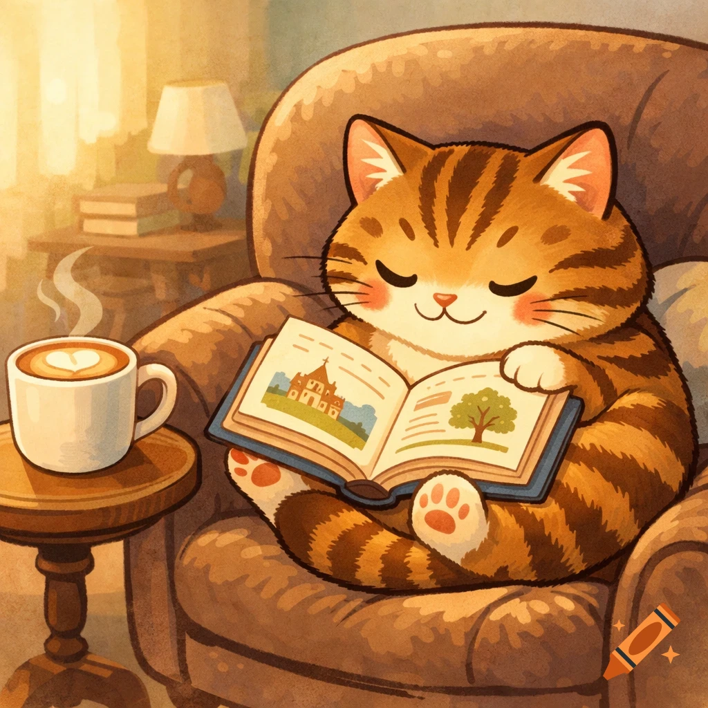 A cute, striped tabby cat with rosy cheeks sits cozily in a brown armchair, reading an open book next to a steaming latte. Illustrative style.