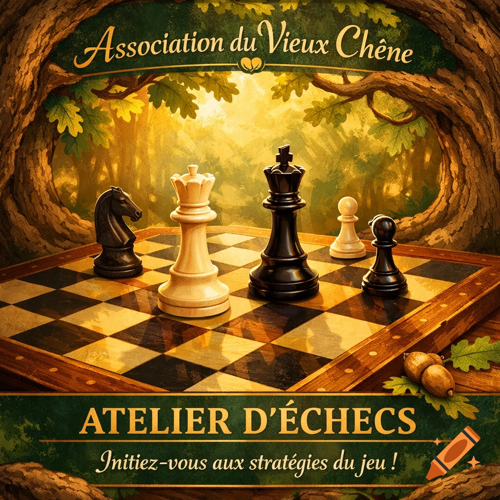 Stylized illustration of a chess board with pieces in a sunlit forest, with text reading "Association du Vieux Chêne" and "ATELIER D'ÉCHECS Initiez-vous aux stratégies du jeu !"