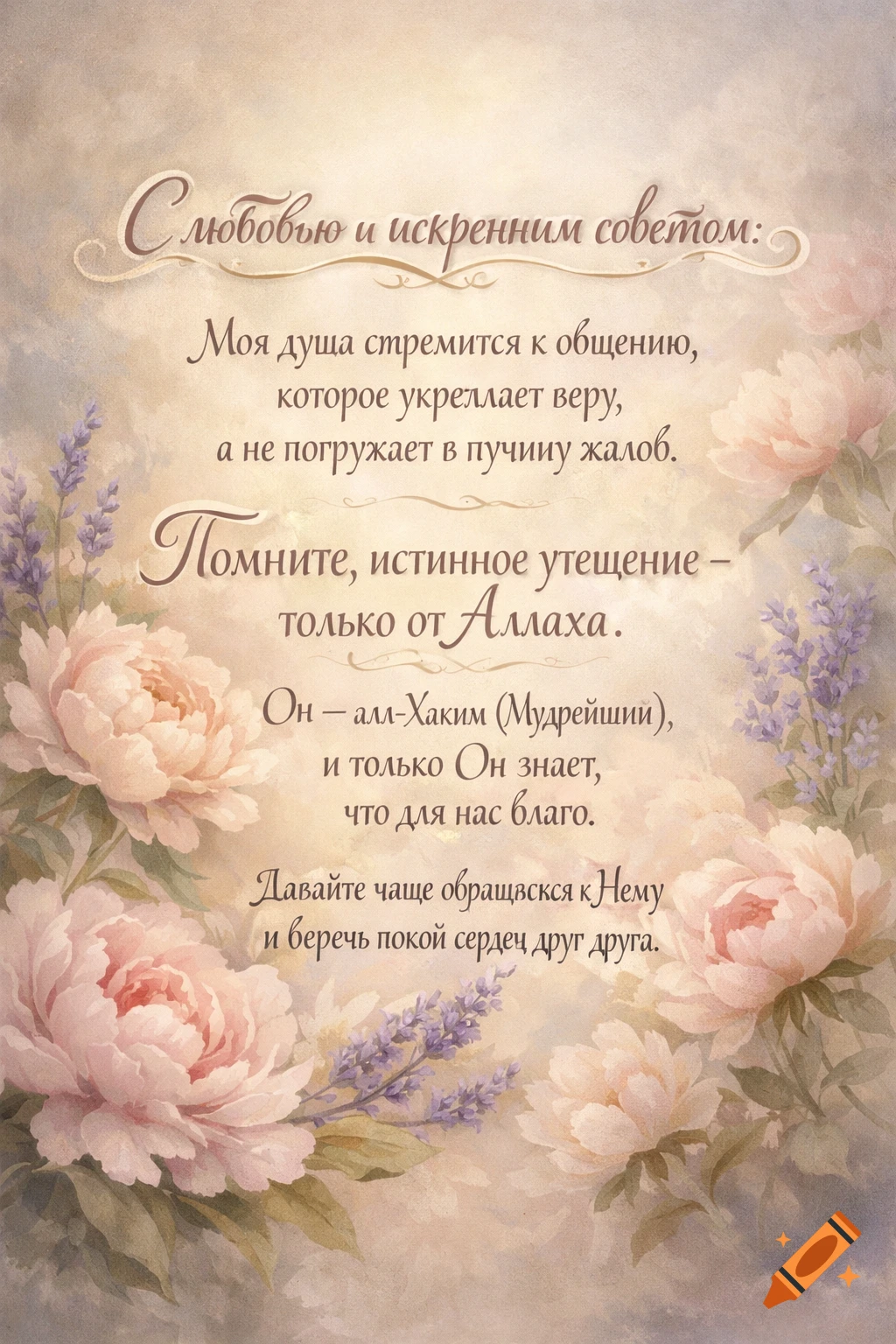 A digital painting featuring a Russian spiritual quote surrounded by soft pink peonies and purple lavender in pastel tones.