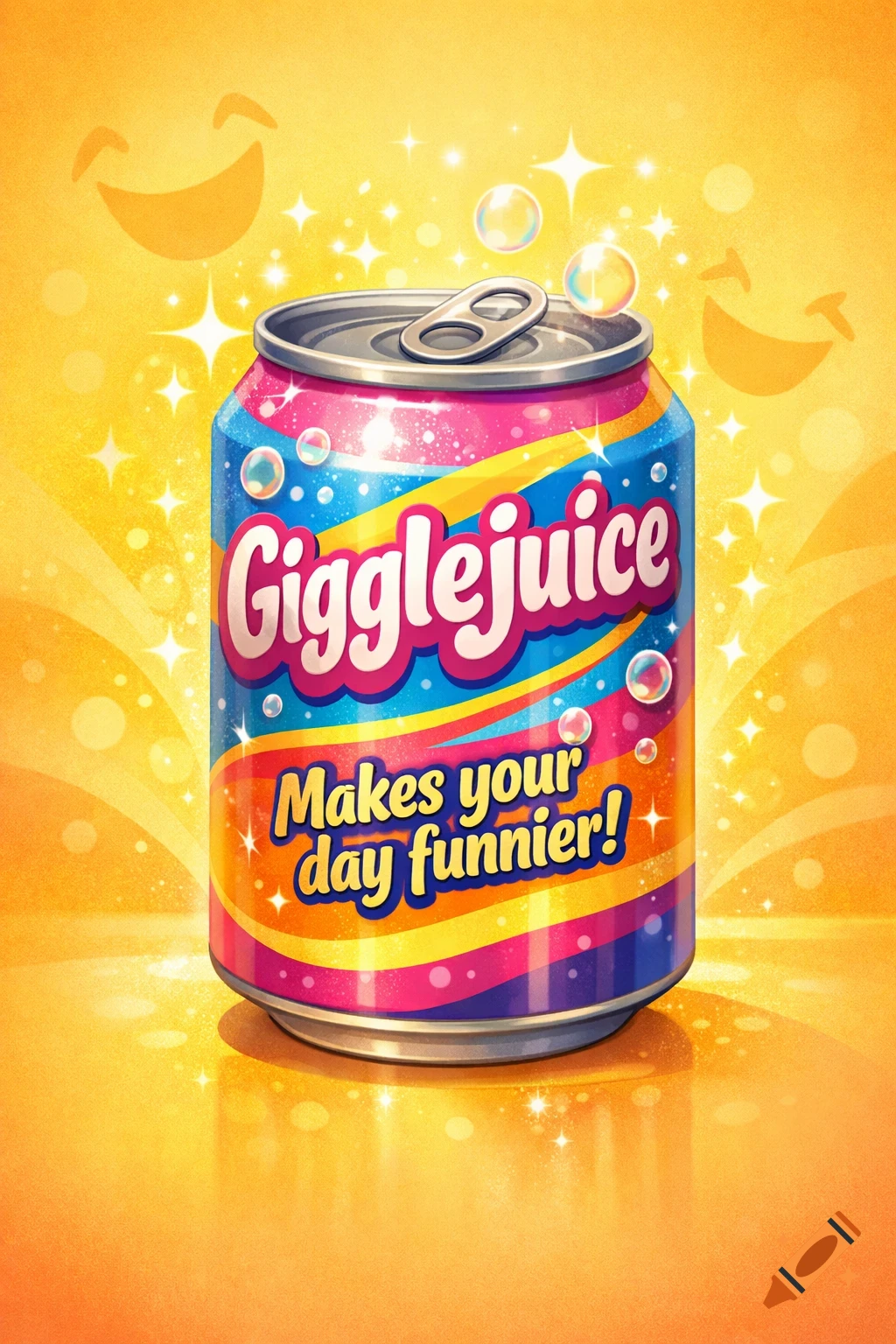 A colorful soda can labeled "Gigglejuice" with "Makes your day funnier!" text, surrounded by sparkles and bubbles on a bright orange background with smiling face emojis.