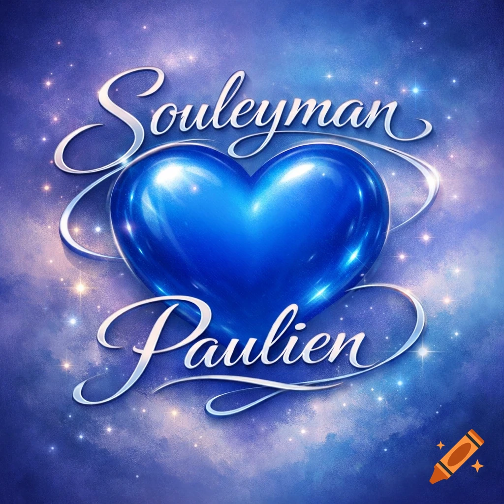 A shiny blue heart with the names "Souleyman" and "Paulien" in elegant script, set against a sparkling blue, cosmic background.